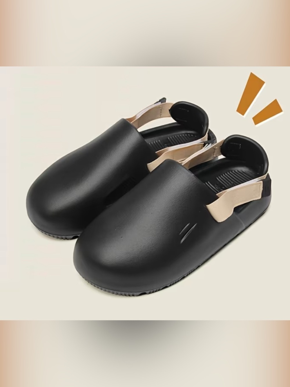 Black Slip-On sandals with Beige Strap